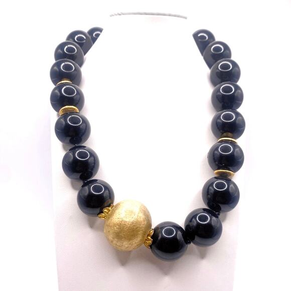 Vintage Black Onyx And Venetian Metal Golden Spheres Chunky Necklace 14” - Picture 2 of 7